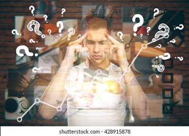 Young Man Thinking About Life And Trying To Find Answers To Questions With Thought Images Aroud Him On Red Brick Background