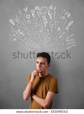 Young man thinking with arrows in different directions above his head