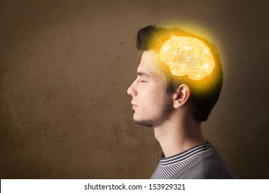 Young Man Thinking With Glowing Brain Illustration