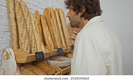 Young man thoughtfully analyzing bread selection at a bakery shop indoors - Powered by Shutterstock