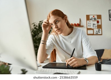 A young man thoughtfully illustrates on a tablet in a bright, contemporary office setting. - Powered by Shutterstock