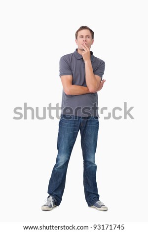 Young man in thoughts against a white background