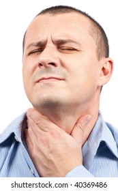 Young Man With Throat Pain Isolated On White Background