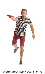 Young Man Throwing Frisbee On White Background