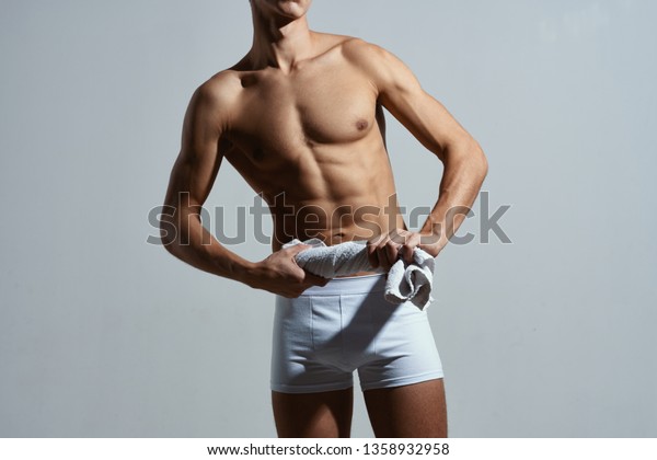 Young Man Tight Shorts Towel His Stock Photo Edit Now 1358932958