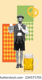 Young man in traditional bavarian clothes standing with beer mug and grilled sausage. Beer fest. Contemporary art collage. Oktoberfest, holiday, traditional festival, alcohol drink concept. Poster, ad