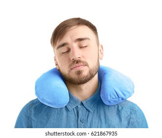 Young Man With Travel Pillow On White Background