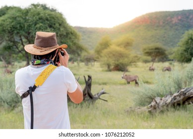 Young Man Traveler And Photographer Taking Photo Of Oryx, A Type Of Wildlife Animal In African Safari. Wildlife Photography Concept