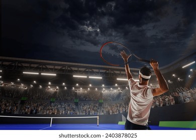 Young man in uniform, tennis player in motion during game, hitting ball with racket, playing on 3D tennis court with blurred fan zone. Concept of sport, competition, tournament, action, success - Powered by Shutterstock