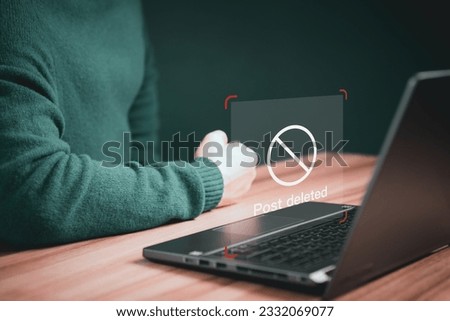 Young man using a computer laptop to play social media on a website, but the post has been deleted. Searching for more internet, search engine optimization.