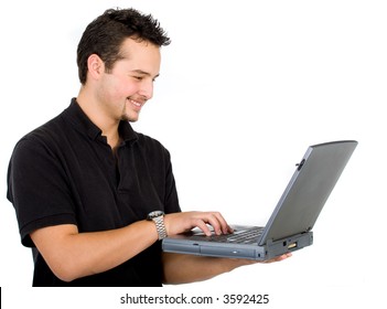 young man using a laptop computer - isolated over white