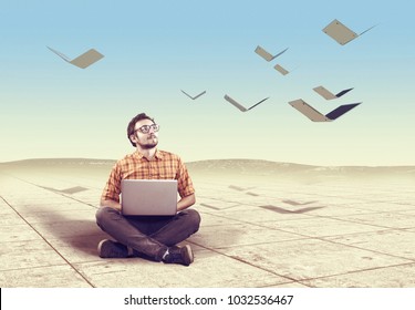 Young man using a laptop and watching laptops flies like birds. The concept of creative mind .  - Powered by Shutterstock