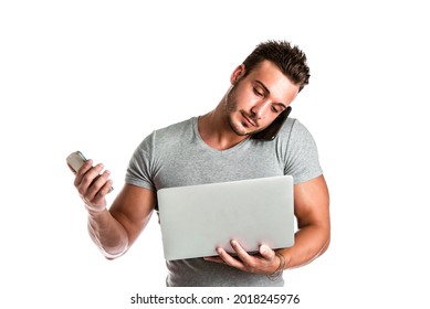 Young Man Using Too Many Devices At The Same Time