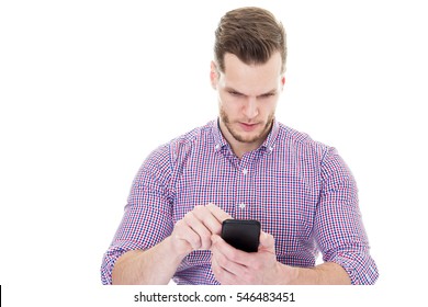 young man using smartphone apps isolated white background