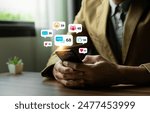 Young Man Using Smartphone with Multiple Social Media Notifications Displayed on Screen, Engaging in Digital Communication and Social Networking, Busy Lifestyle with Technology Interaction