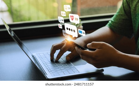 Young Man Using Smartphone with Multiple Social Media Notifications Displayed on Screen, Engaging in Digital Communication and Social Networking, Busy Lifestyle with Technology Interaction