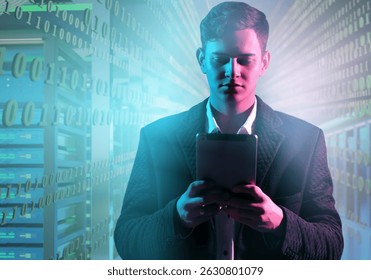 Young man using tablet in server room with binary code overlay, representing cybersecurity, data analysis, and digital technology. – IT. Cybersecurity. Data Science.