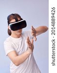 Young man using virtual reality headset. VR gadgets
