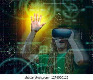 Young man using virtual reality headset on a solid background