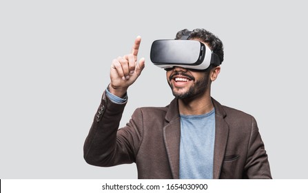 Young man using virtual reality headset, VR, future, gadgets, technology concept