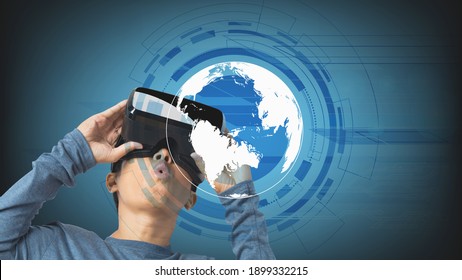 Young man using virtual reality headset. VR, future technology online concept. Digital Screen.