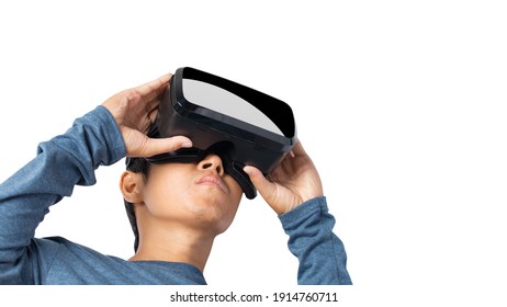 Young man using virtual reality headset. VR, future, technology online concept. isolated on white background. clipping paths.