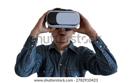 Young man using virtual reality headset isolated on transparent background