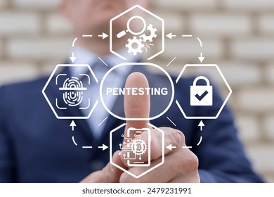Young man using virtual touch interface presses button with text: PENTESTING. Cyber security data protection business technology privacy concept.