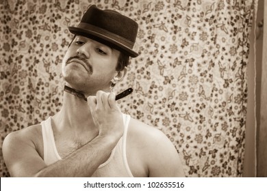 Young Man, Vintage Sepia Color, Shaving Neck In Bathroom Mirror With Old Straight Razor, Reflection, Wearing Wife Beater, Hat, Shower Curtain Behind