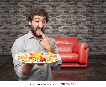 Young Man Vomit Sign With Salad