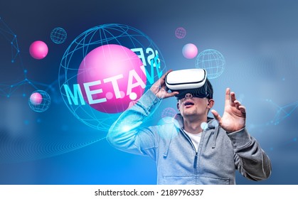 Young man in vr glasses hand touching digital hologram with sphere floating, abstract lines and global connection. Concept of metaverse