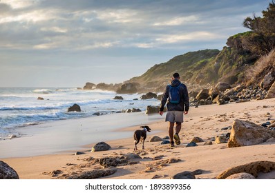 Young man walking the dog on the beach at the Strait Natural Park, Tarifa, Cadiz Province, Andalusia, Spain