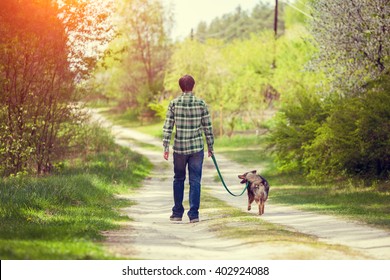 Young Man Walking With A Dog In The Village