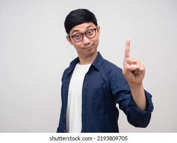 Young Man Wear Glasses Show Finger Up Number One Portrait