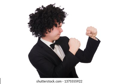 Young Man Wearing Afro Wig