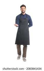 Young Man Wearing Apron On White Background