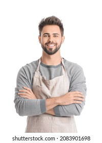 Young Man Wearing Apron On White Background