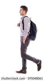 Young man wearing bag, isolated on white