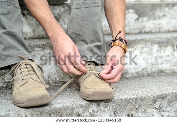 Young Man Wearing Chamois Shoes Grey Stock Photo Edit Now 1230146158