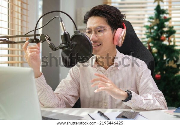 Young Man Wearing Headphone Using Microphone Stock Photo 2195446425