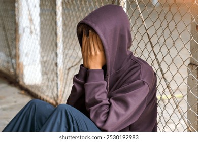 Young man wearing a hood over his head. He covered his face with his hands and sat alone against the mesh fence.                                 - Powered by Shutterstock