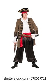 Young Man Wearing Pirate Costume With A Pistol. Isolated On White