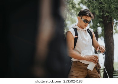 Young man wearing sunglasses and a backpack filling his water bottle during an outdoor hiking expedition. Staying hydrated while exploring nature. - Powered by Shutterstock