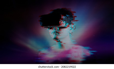 Young man wearing VR goggles and glitch effect. Metaverse technology virtual reality concept. Virtual Reality Device, Simulation, 3D, AR, VR, Innovation and Technology of the Future on Social Media. - Powered by Shutterstock