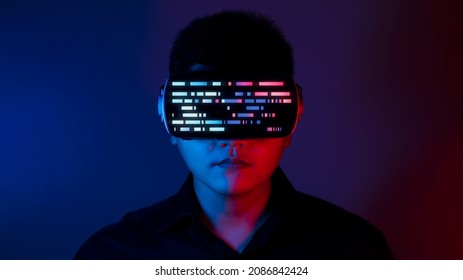 Young man wearing VR goggles. Metaverse technology virtual reality concept. Virtual Reality Device, Simulation, 3D, AR, VR, Innovation and Technology of the Future on Social Media.