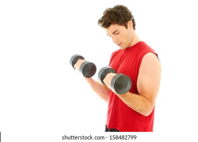 Young Man Weight Training Isolated On White Background.