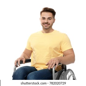 Young Man In Wheelchair On White Background