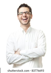 Young Man In White Shirt And Glasses Laughing Happily Isolated On White Background