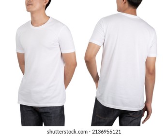 Young Man In White T Shirt Mockup Isolated On White Background With Clipping Path.