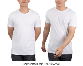 Young Man In White T Shirt Mockup Isolated On White Background With Clipping Path.